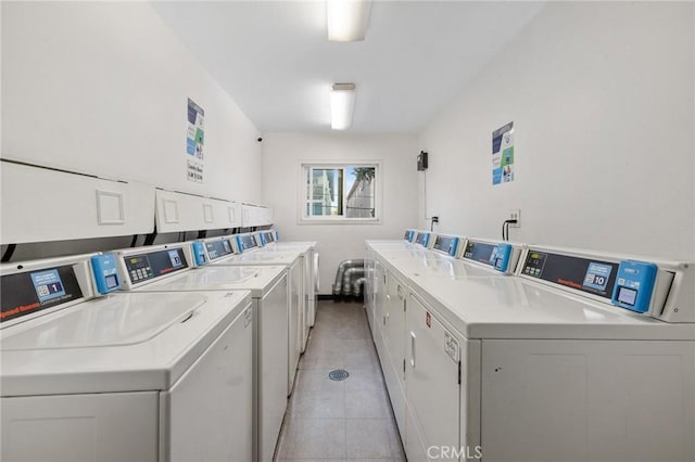 1222 N Olive Dr Unit 409, West Hollywood, CA 90069 - community laundry with washing machine and dryer and light tile patterned floors