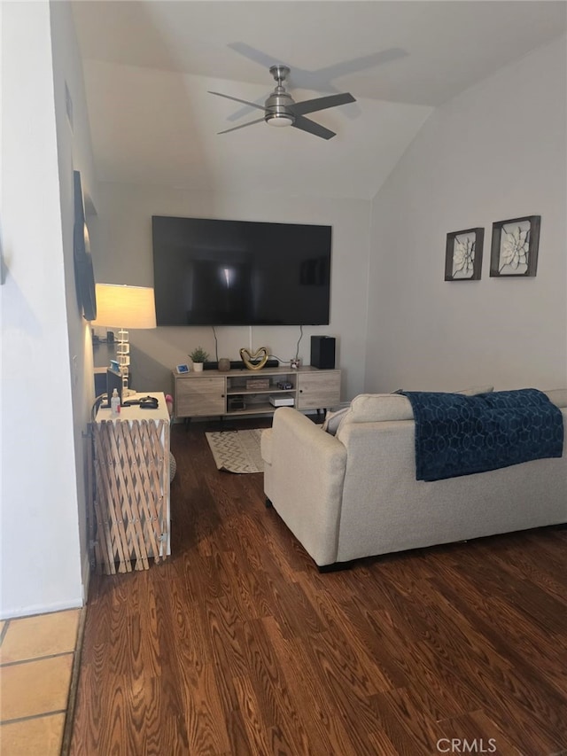 28151 Montecito Unit 36, Laguna Niguel, CA 92677 - living room with vaulted ceiling, a ceiling fan, and dark wood-style flooring