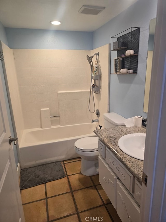 28151 Montecito Unit 36, Laguna Niguel, CA 92677 - bathroom with vanity, toilet, shower / bath combination, tile patterned flooring, and recessed lighting