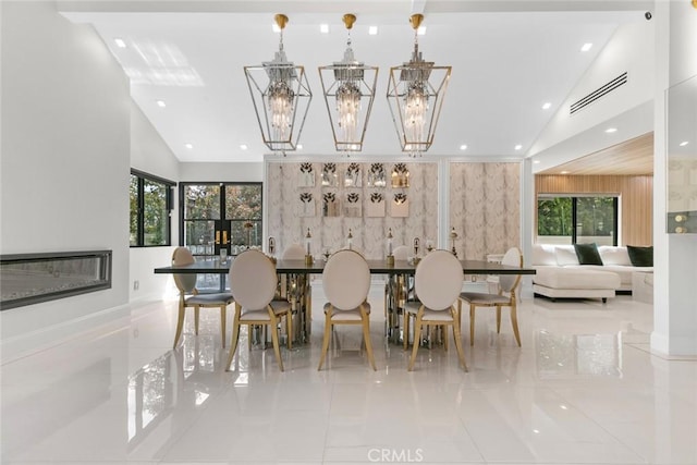 2223 Flintridge Dr, Glendale, CA 91206 - tiled dining space with a chandelier and high vaulted ceiling