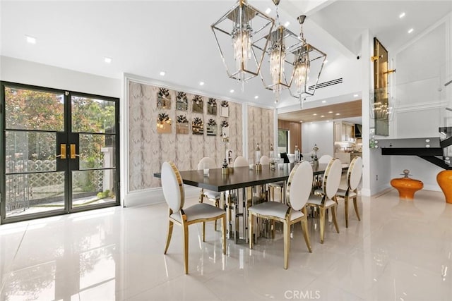 2223 Flintridge Dr, Glendale, CA 91206 - dining space featuring tile patterned flooring, baseboards, a chandelier, recessed lighting, and vaulted ceiling