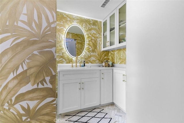 2223 Flintridge Dr, Glendale, CA 91206 - bathroom with wallpapered walls and vanity