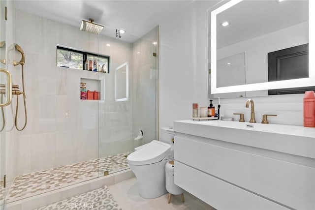 2223 Flintridge Dr, Glendale, CA 91206 - bathroom with toilet, vanity, tiled shower, recessed lighting, and tile patterned floors