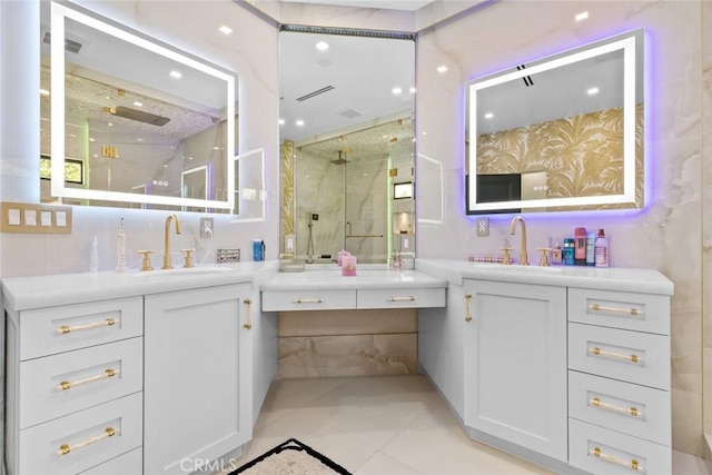 2223 Flintridge Dr, Glendale, CA 91206 - full bathroom with a marble finish shower, two vanities, and tile patterned floors