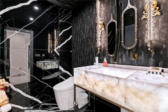 2223 Flintridge Dr, Glendale, CA 91206 - bathroom featuring marble tiled flooring and toilet