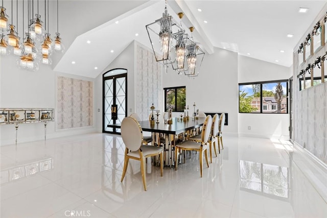 2223 Flintridge Dr, Glendale, CA 91206 - dining area with a chandelier, high vaulted ceiling, tile patterned floors, and recessed lighting