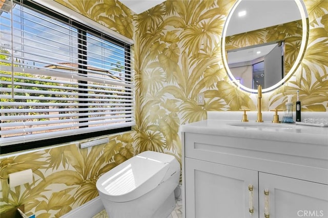 2223 Flintridge Dr, Glendale, CA 91206 - bathroom with wallpapered walls, vanity, toilet, and marble finish floors