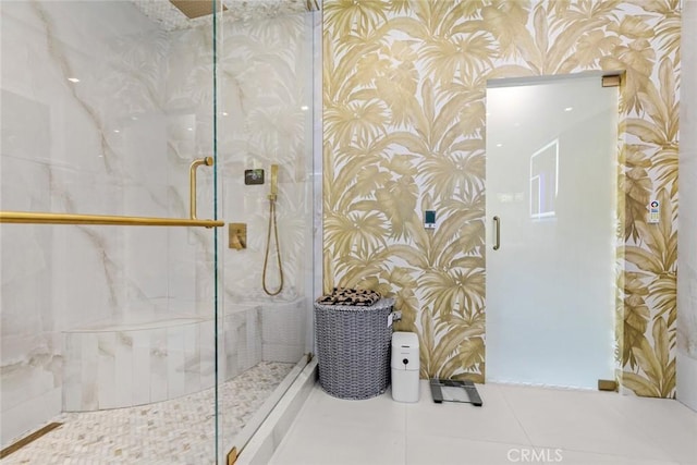 2223 Flintridge Dr, Glendale, CA 91206 - bathroom with wallpapered walls, a marble finish shower, and tile patterned floors