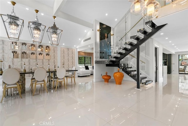 2223 Flintridge Dr, Glendale, CA 91206 - tiled dining space with a chandelier, stairs, and recessed lighting