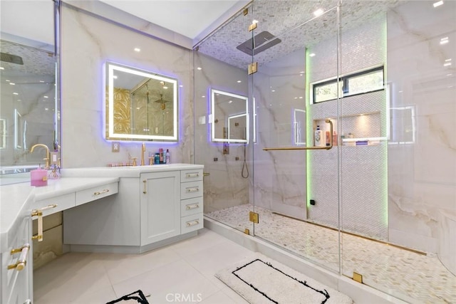 2223 Flintridge Dr, Glendale, CA 91206 - bathroom featuring a marble finish shower, tile patterned flooring, and vanity