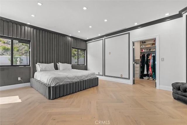 2223 Flintridge Dr, Glendale, CA 91206 - bedroom featuring baseboards, crown molding, a spacious closet, and recessed lighting