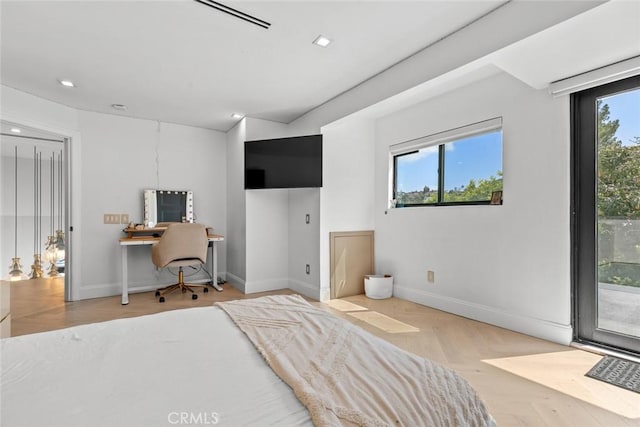 2223 Flintridge Dr, Glendale, CA 91206 - bedroom featuring access to outside, a desk, baseboards, recessed lighting, and parquet floors