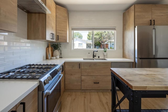 1958 Edgemont St, San Diego, CA 92102 - kitchen with appliances with stainless steel finishes, a sink, light wood-style floors, under cabinet range hood, and backsplash