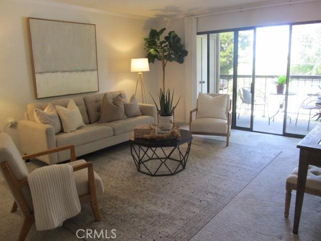 13601 Del Monte Dr Unit M17-46A, Seal Beach, CA 90740 - carpeted living room featuring crown molding