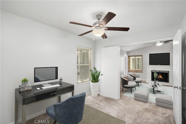 27747 Wakefield Rd, Castaic, CA 91384 - carpeted home office featuring ceiling fan, a fireplace, and baseboards