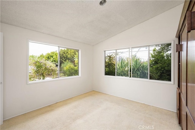 390 Peralta Ave, Long Beach, CA 90803 - empty room featuring a textured ceiling, healthy amount of natural light, carpet floors, and vaulted ceiling