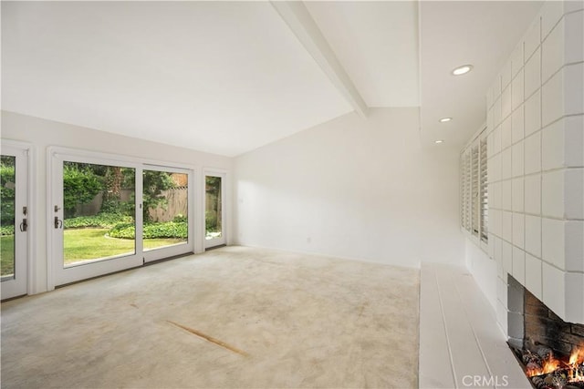 390 Peralta Ave, Long Beach, CA 90803 - unfurnished living room with a fireplace, carpet floors, and recessed lighting