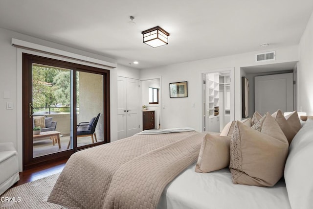 1000 E California Blvd Unit 108, Pasadena, CA 91106 - bedroom with access to exterior, wood finished floors, a closet, and recessed lighting