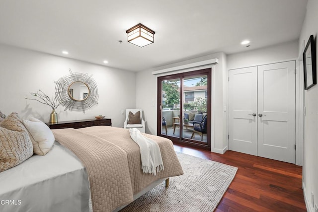 1000 E California Blvd Unit 108, Pasadena, CA 91106 - bedroom featuring access to exterior, wood finished floors, recessed lighting, and a closet