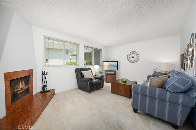 4418 Larwin Ave, Cypress, CA 90630 - living area with light colored carpet, a textured ceiling, and a tile fireplace
