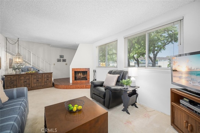 4418 Larwin Ave, Cypress, CA 90630 - living area with light colored carpet, stairway, a textured ceiling, and a tiled fireplace