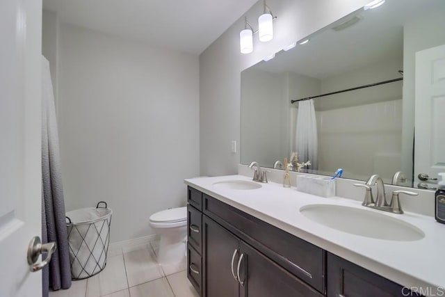 13217 Midnight Star Way, Lakeside, CA 92040 - full bathroom with toilet, double vanity, tile patterned flooring, baseboards, and a shower with curtain