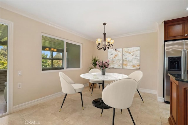 3413 Punta Alta Unit A, Laguna Woods, CA 92637 - dining space with a chandelier, crown molding, plenty of natural light, and baseboards