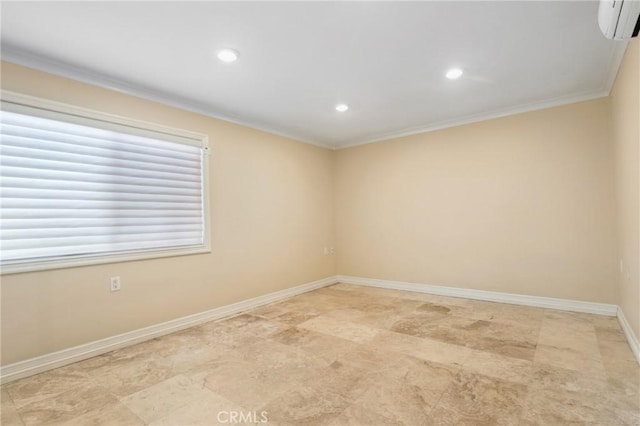 3413 Punta Alta Unit A, Laguna Woods, CA 92637 - empty room with a wall mounted air conditioner, ornamental molding, recessed lighting, and baseboards