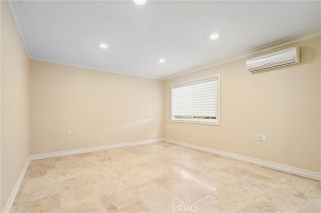 3413 Punta Alta Unit A, Laguna Woods, CA 92637 - unfurnished room with a wall mounted AC, ornamental molding, recessed lighting, and baseboards