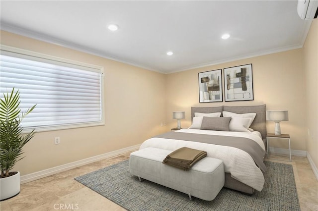 3413 Punta Alta Unit A, Laguna Woods, CA 92637 - bedroom with a wall mounted air conditioner, baseboards, recessed lighting, and ornamental molding