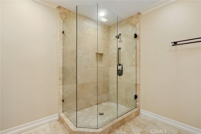 3413 Punta Alta Unit A, Laguna Woods, CA 92637 - full bath featuring baseboards, a stall shower, recessed lighting, and ornamental molding