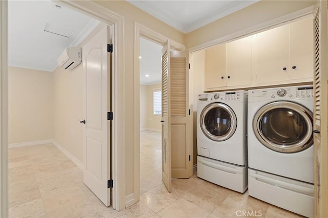 3413 Punta Alta Unit A, Laguna Woods, CA 92637 - laundry room with cabinet space, separate washer and dryer, a wall unit AC, ornamental molding, and baseboards