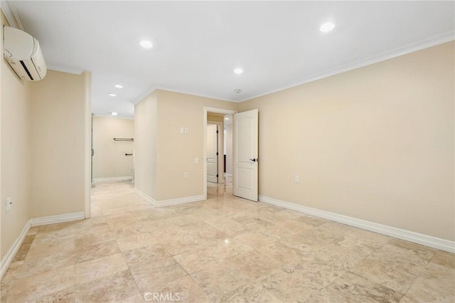 3413 Punta Alta Unit A, Laguna Woods, CA 92637 - unfurnished bedroom featuring a wall mounted AC, recessed lighting, ornamental molding, and baseboards