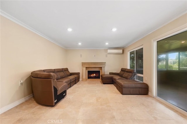 3413 Punta Alta Unit A, Laguna Woods, CA 92637 - living area with an AC wall unit, crown molding, baseboards, recessed lighting, and a lit fireplace