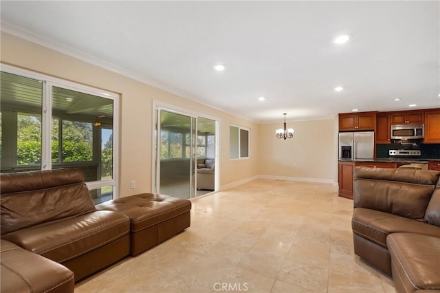 3413 Punta Alta Unit A, Laguna Woods, CA 92637 - living area featuring a chandelier, crown molding, recessed lighting, and baseboards