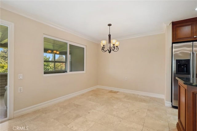 3413 Punta Alta Unit A, Laguna Woods, CA 92637 - unfurnished dining area featuring a chandelier, crown molding, and baseboards
