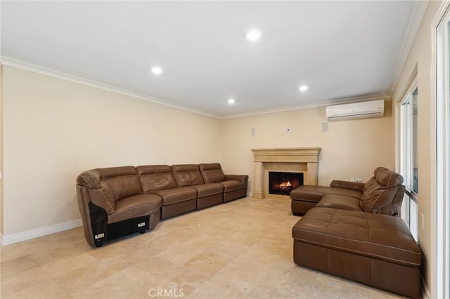 3413 Punta Alta Unit A, Laguna Woods, CA 92637 - living area featuring ornamental molding, a wall unit AC, recessed lighting, a lit fireplace, and baseboards
