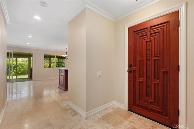 3413 Punta Alta Unit A, Laguna Woods, CA 92637 - entryway with baseboards, ornamental molding, a chandelier, and recessed lighting