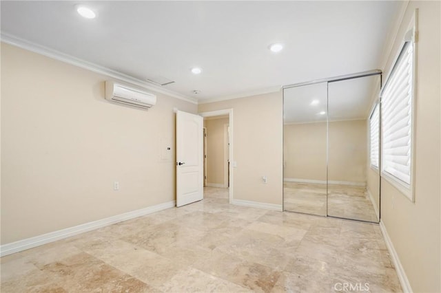 3413 Punta Alta Unit A, Laguna Woods, CA 92637 - unfurnished bedroom with an AC wall unit, ornamental molding, a closet, recessed lighting, and baseboards