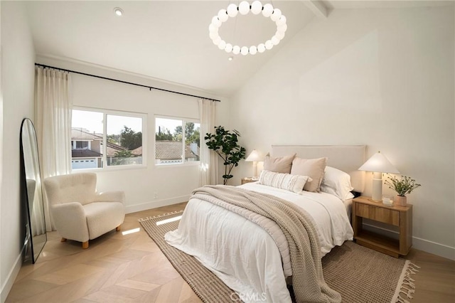13 Lucero W, Irvine, CA 92620 - bedroom featuring baseboards, beam ceiling, and high vaulted ceiling