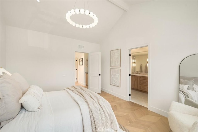 13 Lucero W, Irvine, CA 92620 - bedroom featuring baseboards, beam ceiling, high vaulted ceiling, and ensuite bath