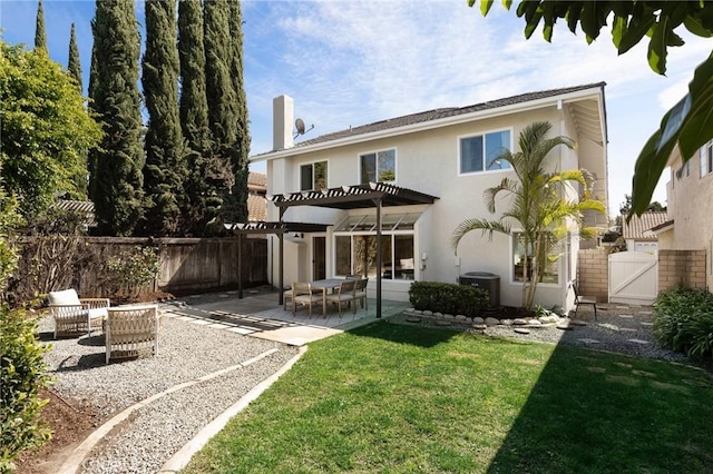 13 Lucero W, Irvine, CA 92620 - back of house with stucco siding, a pergola, a gate, a patio area, and central air condition unit