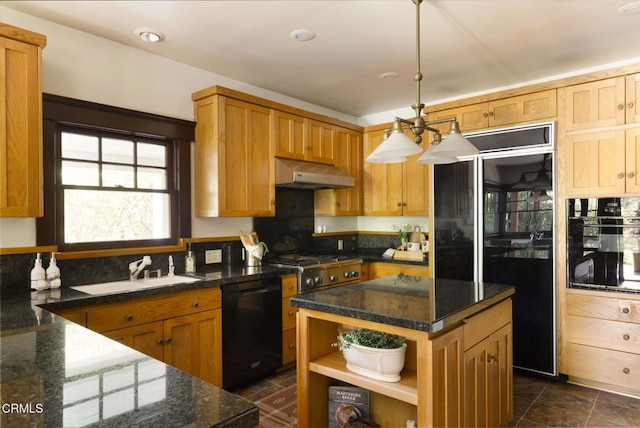 1813 Wayne Ave, South Pasadena, CA 91030 - kitchen featuring black appliances, under cabinet range hood, open shelves, a sink, and dark stone counters