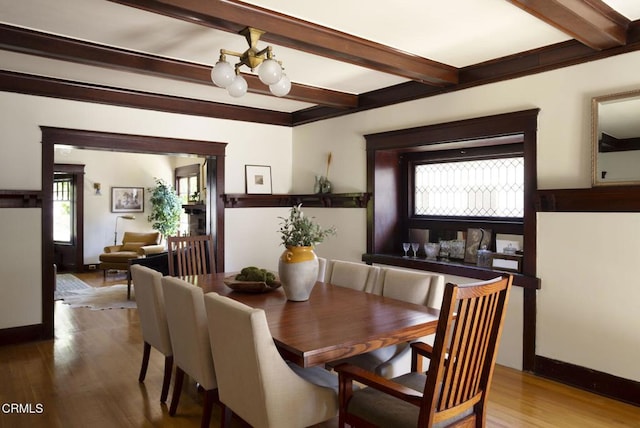 1813 Wayne Ave, South Pasadena, CA 91030 - dining area featuring a chandelier, beamed ceiling, and wood finished floors
