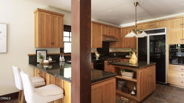 1813 Wayne Ave, South Pasadena, CA 91030 - kitchen with black appliances, under cabinet range hood, open shelves, and dark stone counters