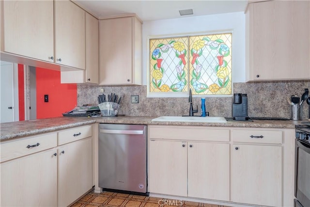 17915 Los Vasos St, Fountain Valley, CA 92708 - kitchen featuring stainless steel dishwasher, a sink, light countertops, and backsplash