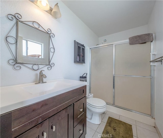 17915 Los Vasos St, Fountain Valley, CA 92708 - bathroom with vanity, a shower stall, toilet, and tile patterned floors