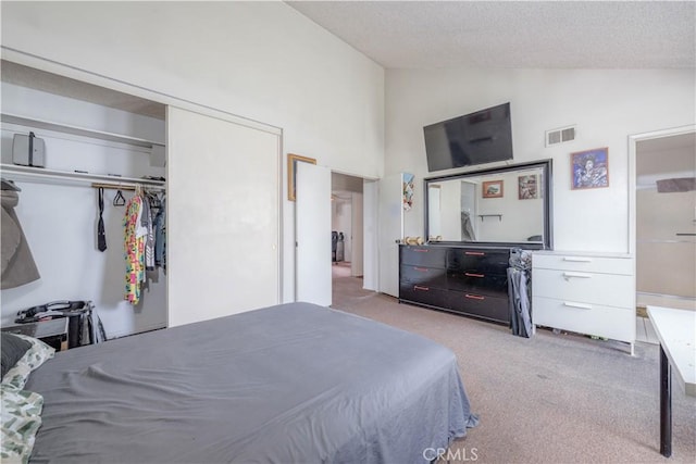 17915 Los Vasos St, Fountain Valley, CA 92708 - carpeted bedroom with a closet, high vaulted ceiling, and a textured ceiling