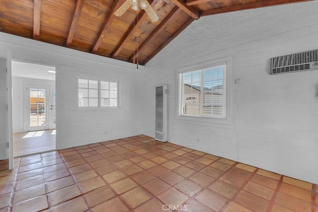 6365 Cahuilla Ave Unit 29, Palms, CA 92277 - empty room with a heating unit, wooden ceiling with exposed beams, light tile patterned flooring, a ceiling fan, and high vaulted ceiling