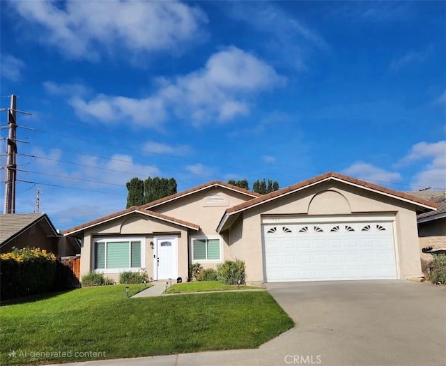 1763 Eastview Ave, Upland, CA 91784 - ranch-style house with stucco siding, a garage, driveway, a front lawn, and a tiled roof